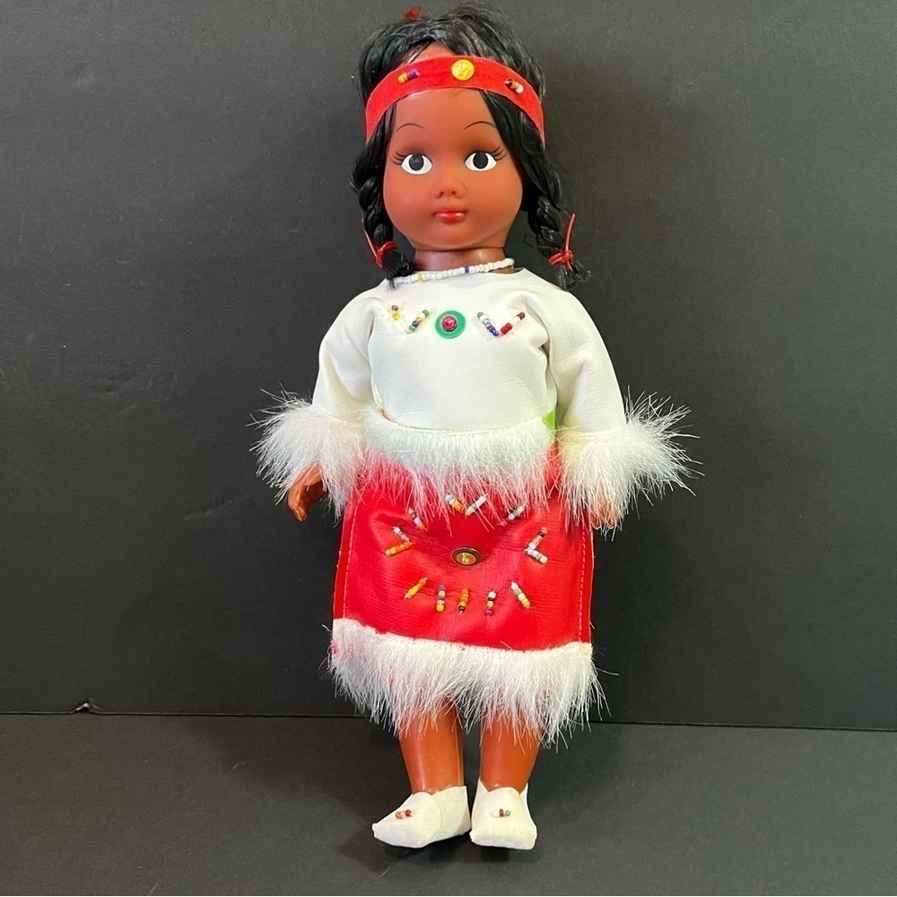 Native American Indian Doll Vintage Dress Feathers Beaded Braids Hong Kong
